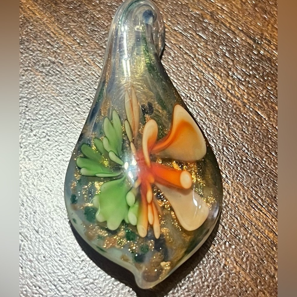Beautiful Blown Glass Pendant Orange & Green with Gold Flecks